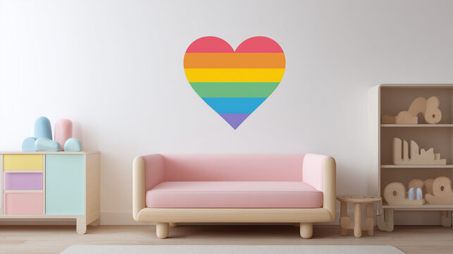 Rainbow heart art in pastel kids room decor for lgbtq family and children's interior design theme - Powered by Adobe