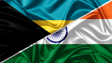 High-quality national flags of India and Bahamas blended on silky fabric, representing collaboration between the two countries