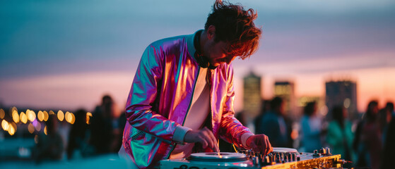 A DJ is spinning records on a turntable at sunset with people dancing in the background