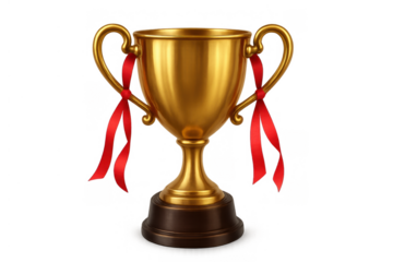 Gold trophy cup with red ribbons symbolizing victory, success, prize, award, achievement, leadership, and competition