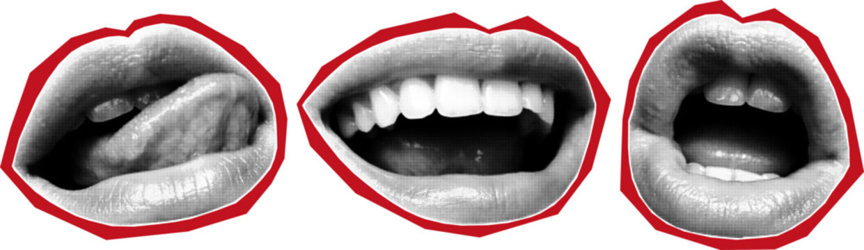 Halftone collage banner, paper cut mouths with different emotions. Magazine stickers with red border, modern art, elements for decor, poster.