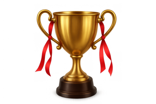 Gold trophy cup with red ribbons symbolizing victory, success, prize, award, achievement, leadership, and competition