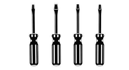 Four black and white screwdrivers are lined up