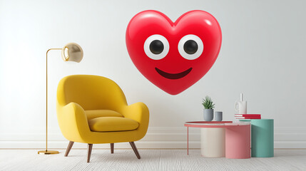 Modern living room with yellow chair and heart emoji wall art home decor interior design