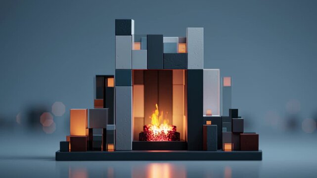 3D minimal fireplace with geometric blocks, glowing fire inside, modern festive render