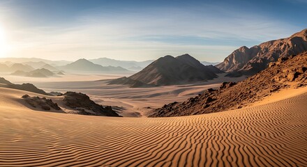 Golden sunlight on arid desert dunes with distant hazy mountains