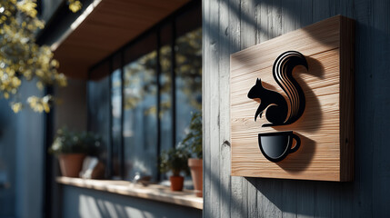 Squirrel coffee shop sign carved in wood with plants in background  