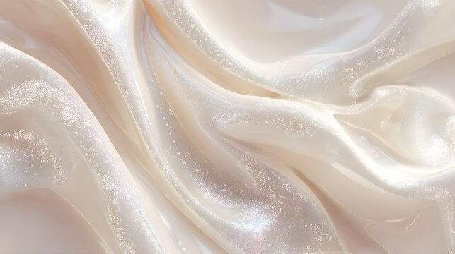 Flowing shimmering iridescent cream fabric creating soft smooth folds and elegant waves, abstract luxury textile background with sparkling texture and gentle light reflecting