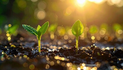 Two young green seedlings with water droplets emerge from rich soil, illuminated by the warm glow of the sun.