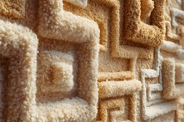 Intricate geometric pattern forming textured shapes on a soft, fluffy carpet in shades of beige and cream, creating a tactile and abstract background