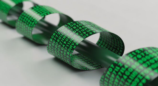 An abstract digital chain with green links on a light background, symbolizing interconnectedness, data flow, and technological advancement.