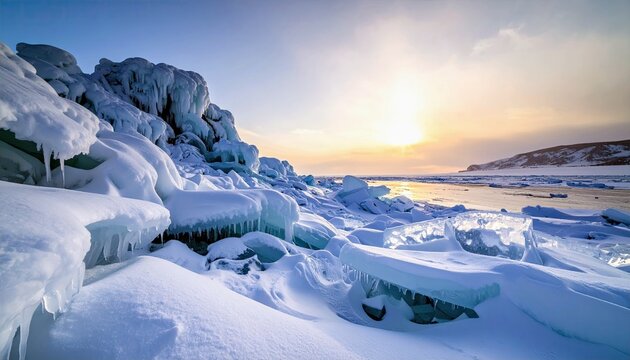 A stunning winter scene featuring jagged ice formations and snow-covered rocks, with a warm sunset casting a glow over a vast frozen lake or sea.