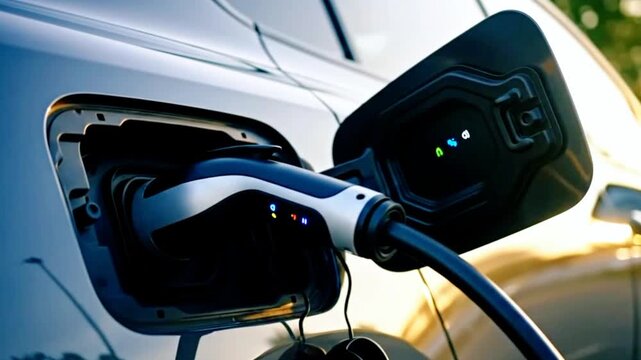 Electric vehicle charging on sunny day showing modern sustainability in action and efficiency