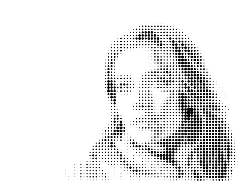 Female face, halftone dotted texture, polka dot motif, International Women's Day (March 8), vector, minimalist design, clean lines, pop art style, for postcards.vector