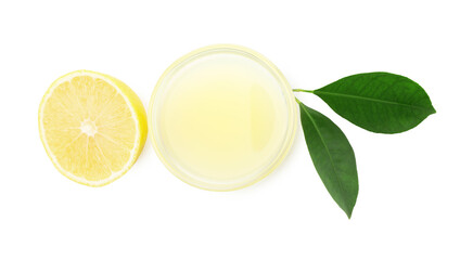 Fresh lemon juice, fruit and leaves isolated on white, top view