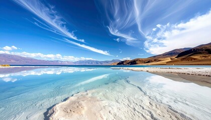 A serene landscape featuring a tranquil turquoise lake with salt formations on its shore, reflecting a vibrant blue sky with dramatic clouds and distant rugged