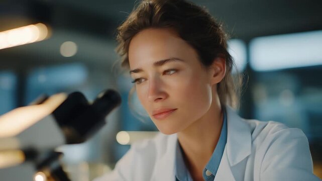 Scientist analyzing nanostructured materials under high-resolution microscope, emotion of curiosity visible, representing AI-assisted materials science, data-driven discovery, and next-gen machine