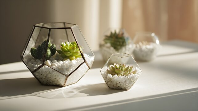 Geometric terrariums displaying live succulents and cacti with white decorative stones, adding a touch of modern minimalist home decor to an interior space bathed in natural sunlight