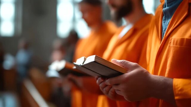 Inmates' hands holding Bibles in prison chapel orange jumpsuits visible faces not shown correctional mental health faith rehabilitation prison worship service with copy space