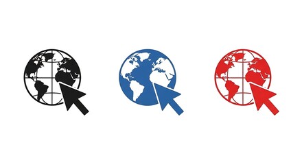 Global internet browser world wide web icon set with mouse cursor