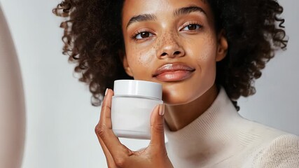 Graceful skincare routine: model showcases moisturizing cream application with elegance