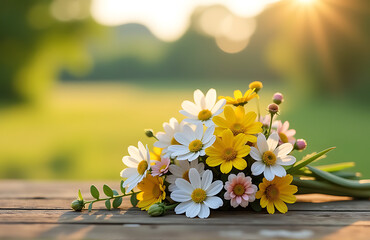 delicate bouquet wildflowers spills across rustic wooden table blurred landscape backdrop warm afternoon