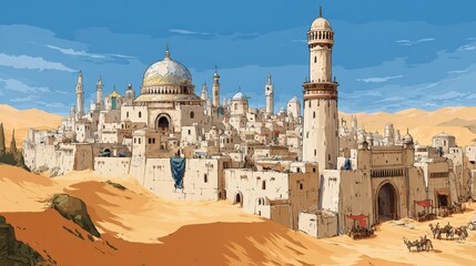 A modern city with tall buildings rising beside vast golden sand dunes, blending urban structures with desert landscapes to create a surreal contrast between architecture, nature, heat and open space