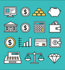 Finance icon set, minimal flat design, isolated symbols