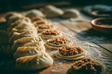 Preparing traditional homemade dumplings and manti with ground meat filling, showcasing the culinary process of folding delicate dough for delicious comfort food