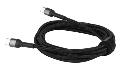 Black usb type c cable connector charger isolated on a transparent background. Full depth of field. PNG.