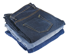 Stack blue jeans isolated on a transparent background. Full depth of field. PNG.