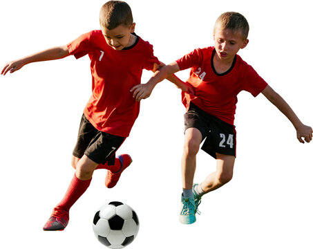 Young football players competing for ball on transparent background. Concept of youth league visuals, teamwork education, grassroots training, school sports promo.