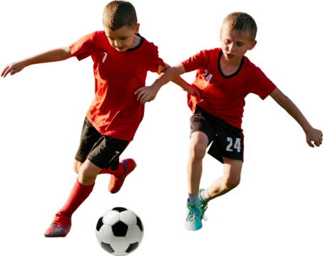 Young football players competing for ball on transparent background. Concept of youth league visuals, teamwork education, grassroots training, school sports promo.