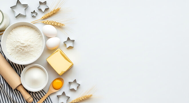 Baking ingredients and tools arranged on a white surface, ready for holiday cookie preparation
