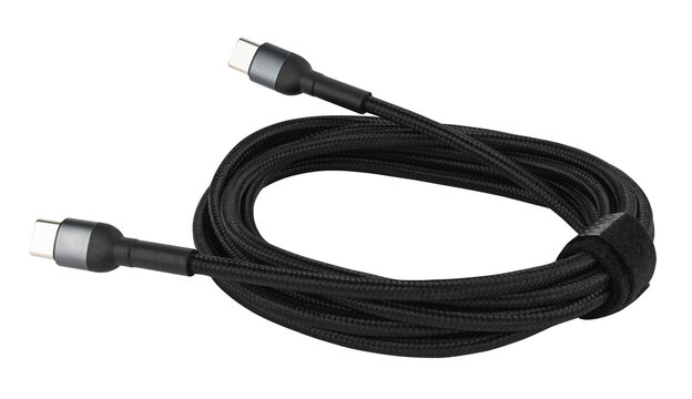 Black usb type c cable connector charger isolated on a transparent background. Full depth of field. PNG.