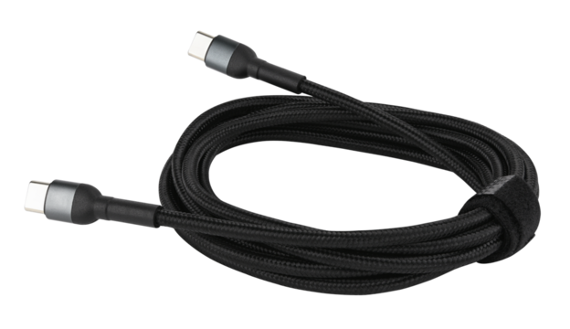 Black usb type c cable connector charger isolated on a transparent background. Full depth of field. PNG.
