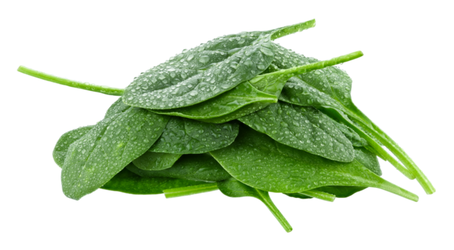Pile fresh spinach leaves in drops of water isolated on a transparent background. Full depth of field. PNG.