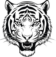 Fierce tiger head vector illustration black and white animal design art eps silhouette