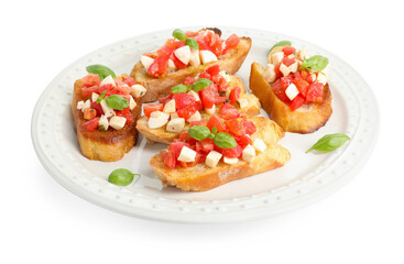 Tasty bruschettas with mozzarella cheese, tomatoes and basil isolated on white