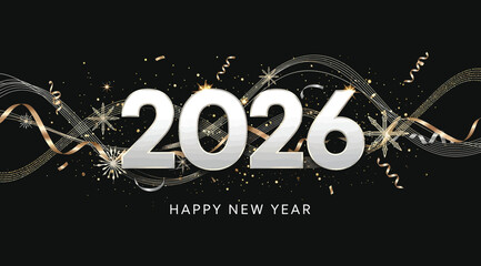 Happy new year 2026 greeting with sparkling gold confetti and streamers on a, celebrating the upcoming year with a festive and elegant design