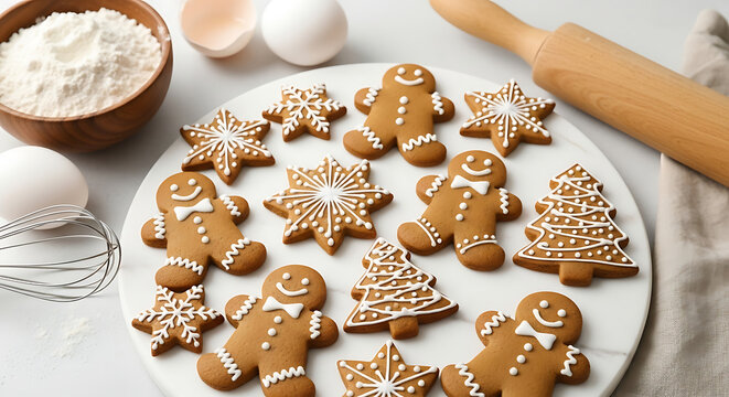Assortment of homemade gingerbread cookies in various festive shapes on a white platter