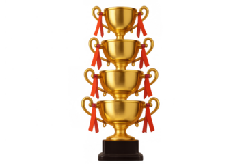 Gold trophies with red ribbons stacked reaching for success, recognizing achievement, victory and championship awards