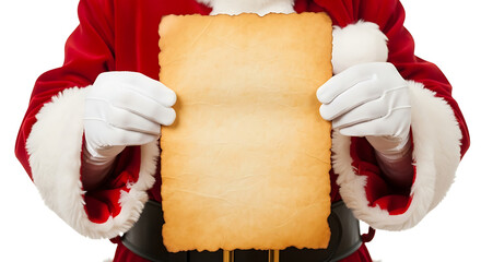 Santa claus holding a blank scroll isolated on white background