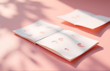 shot whimsical summer design featuring intricately cut paper cards warm pastel pink surface bathed soft natural