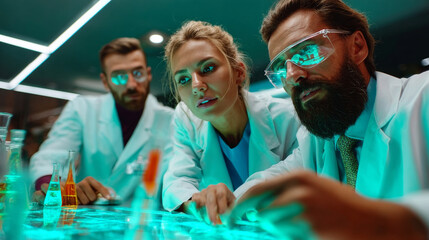 A group of scientists working on a new project in the lab with glowing blue light effects and neon green safety glasses