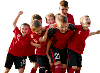 Group of young football players celebrating win on transparent background. Concept of team spirit, sports marketing, youth motivation, school programs, club promo.