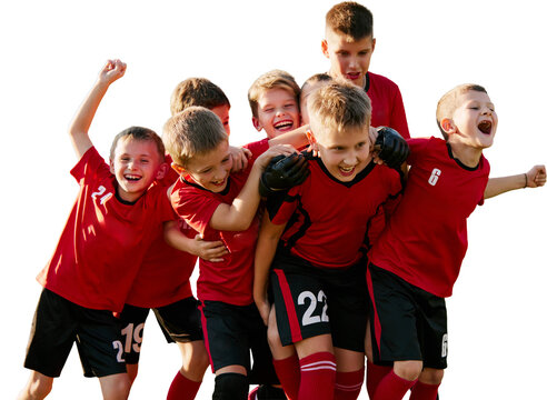 Group of young football players celebrating win on transparent background. Concept of team spirit, sports marketing, youth motivation, school programs, club promo.