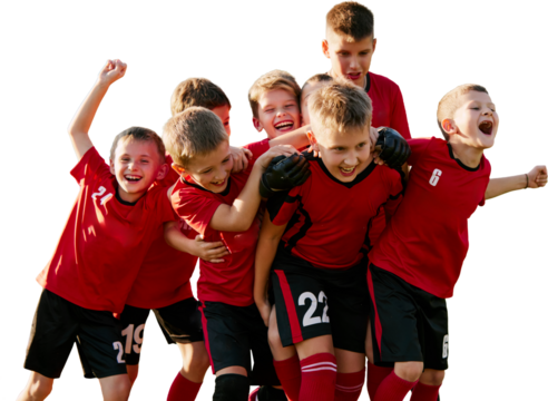 Group of young football players celebrating win on transparent background. Concept of team spirit, sports marketing, youth motivation, school programs, club promo.