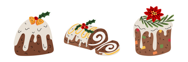 Set of festive Christmas desserts, including pudding, cake, and roll with berries, lemon, and poinsettia decorations. An ideal graphic set festive menus, bakery designs, gift labels, seasonal decorset