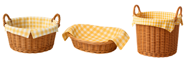 Three Wicker Baskets Yellow Gingham Liner Isolated on Transparent background